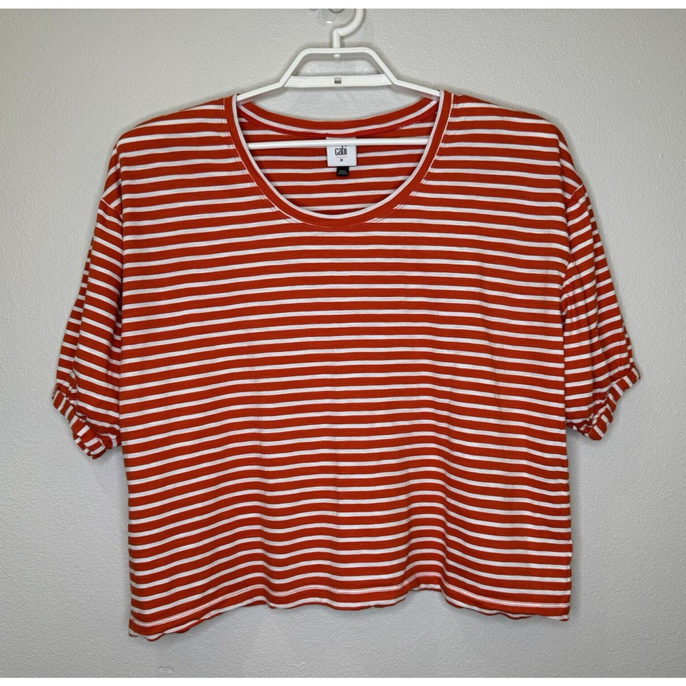 Cabi Poolside Orange White Stripe Women's Top Medium Puff Sleeve Round Neck 5984